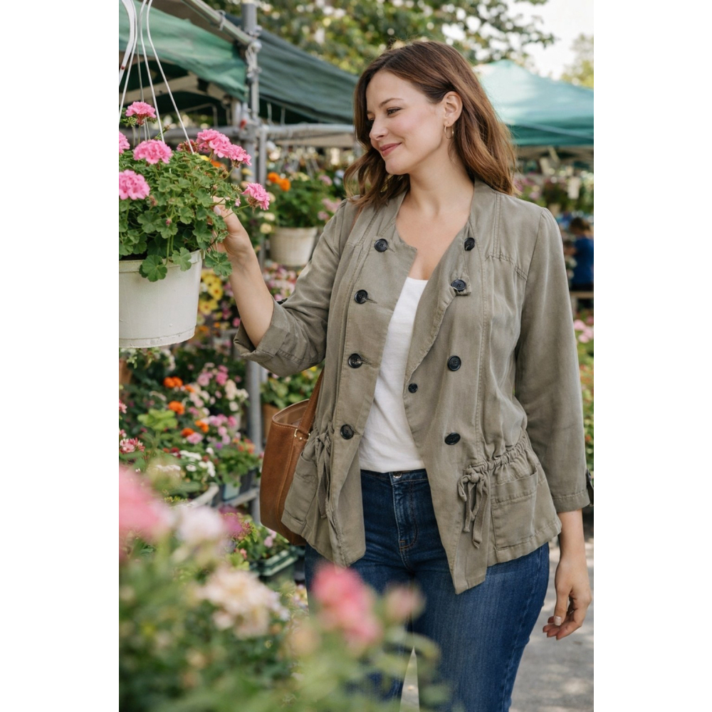 Kensie M Utility Jacket Rayon Blend Drawstring Waist Sage Casual Layering Coat